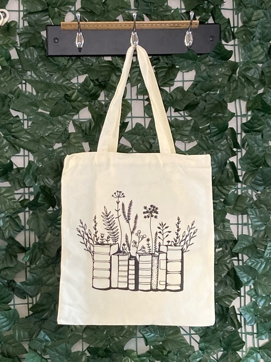 Handbags - Canvas Book & Botanicals Tote Bag in Cream Mini Zipper Pocket Inside!